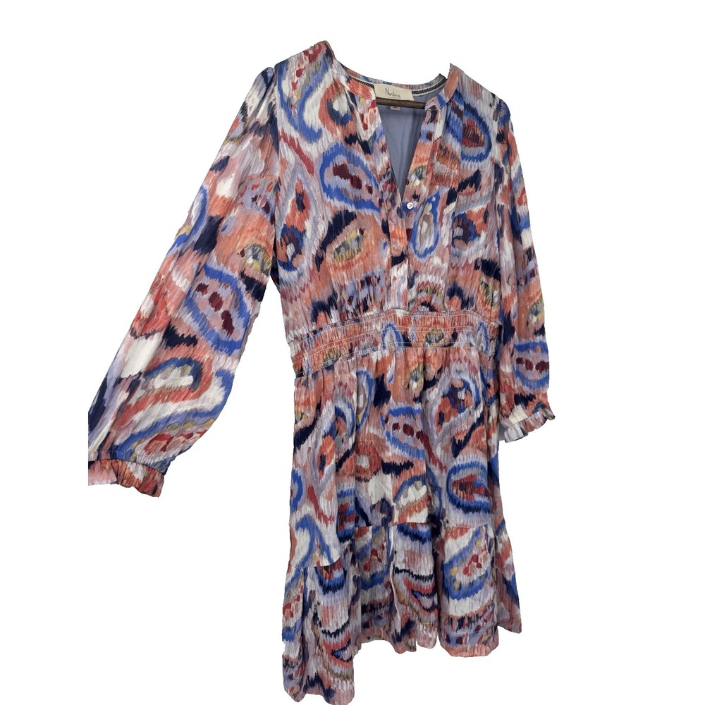 Nurture V-Neck 3/4 Sleeve Blue Paisley Dress watercolor artsy tiered fit flare M